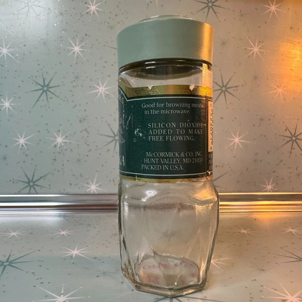 Vintage McCormick Paprika Jar Green Lid & Label Glass Spice Bottle Retro Kitchen